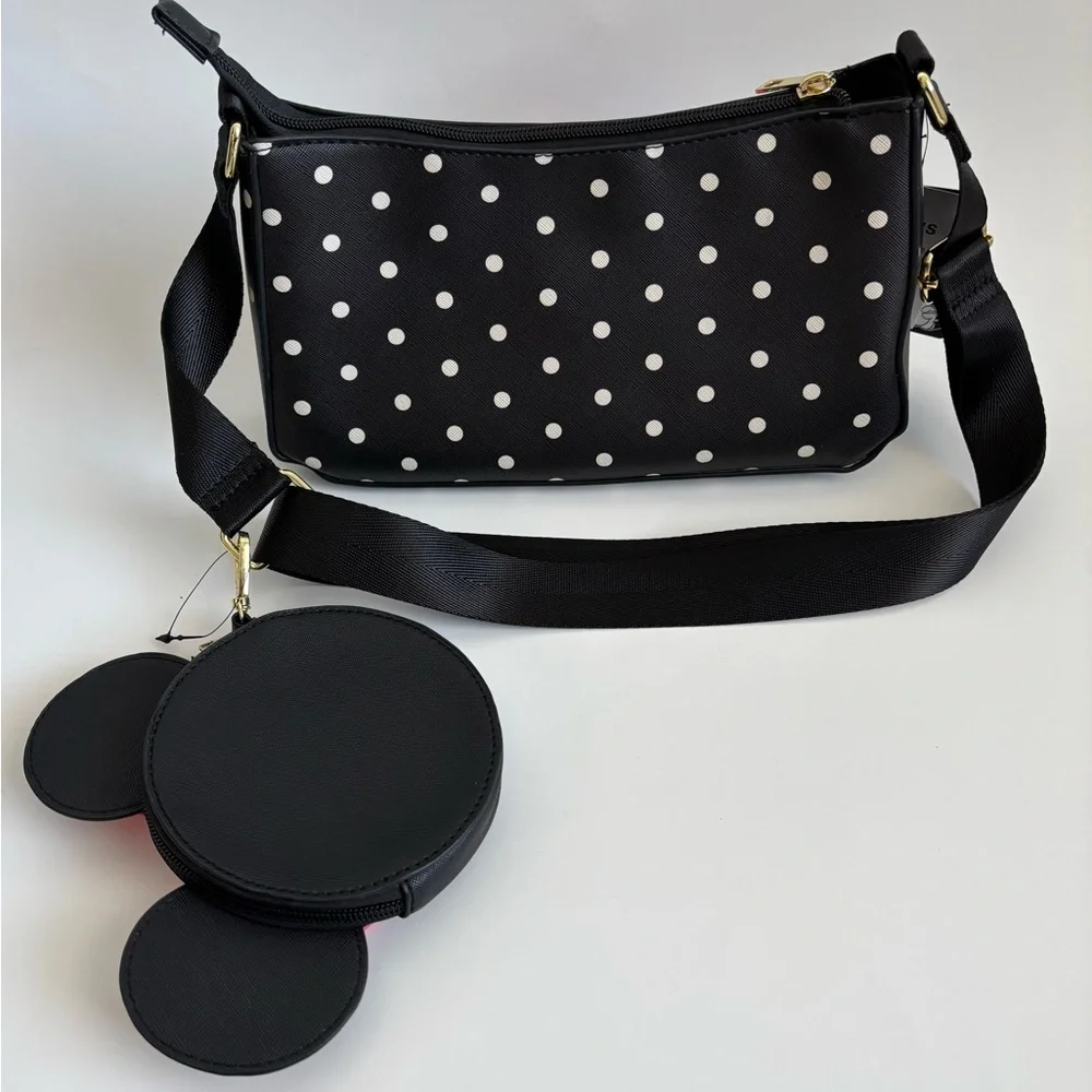 Bioworld Disney Minnie Mouse Black Polka Dot Crossbody Coin Pouch Set NWT